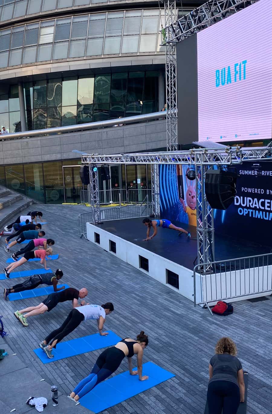 An outdoor fitness class on Billingsgate Walk